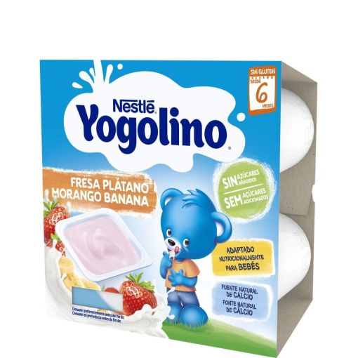 Nestle Yogolino Postre L&aacute;cteo Fresa Pl&aacute;tano Postre l&aacute;cteo sin gluten ni az&uacute;cares a&ntilde;adidos a partir de 8 meses 4 x100 gr