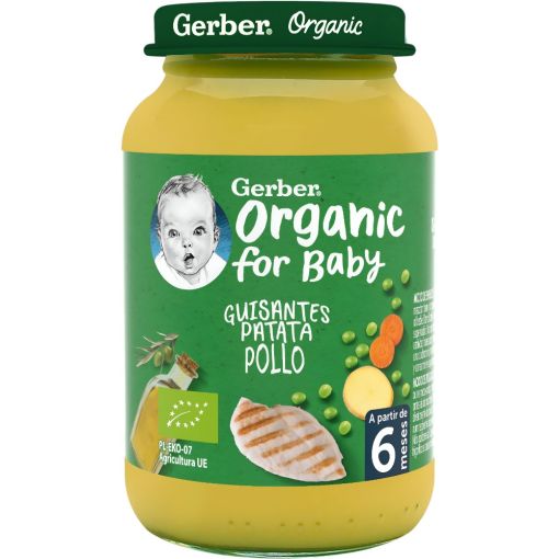 Gerber Organic For Baby Tarrito Guisantes Patata Y Pollo Tarrito ecológico con perfecta combinación de ingredientes a partir de 6 meses 190 gr