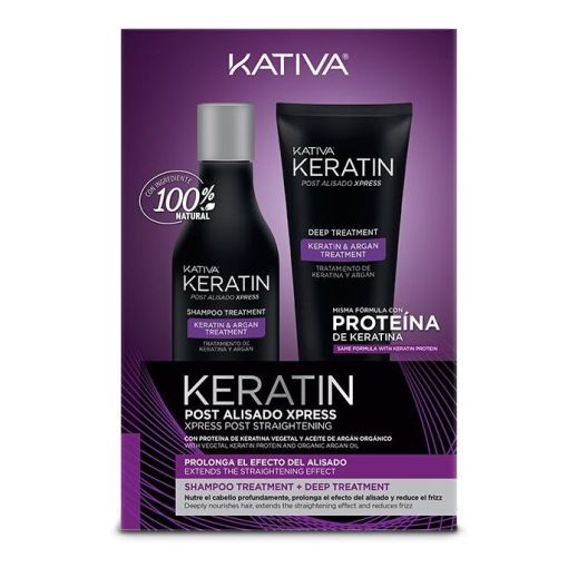 Kativa Keratin & Argan Treatment Post Alisado Xpress Set Set ayuda a prolongar más tiempo el tratamiento de alisado brasileño y repara y nutre cabellos maltratados y resecos