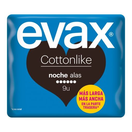 Evax Compresas Cottonlike Noche Alas Compresas de noche con alas y parte trasera más larga y ancha ofrecen mayor suavidad y larga duración