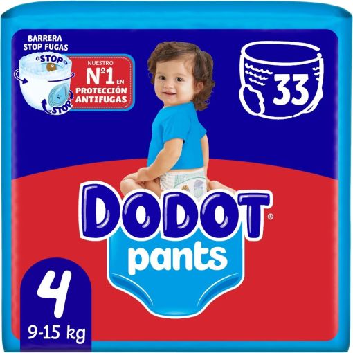 Dodot Pants Pañal-Braguita 9-15 Kg Talla 4 Pants antifugas ultraabsorbente con cintura elástica y ajuste 350º  hasta 12 horas de protección 33 uds