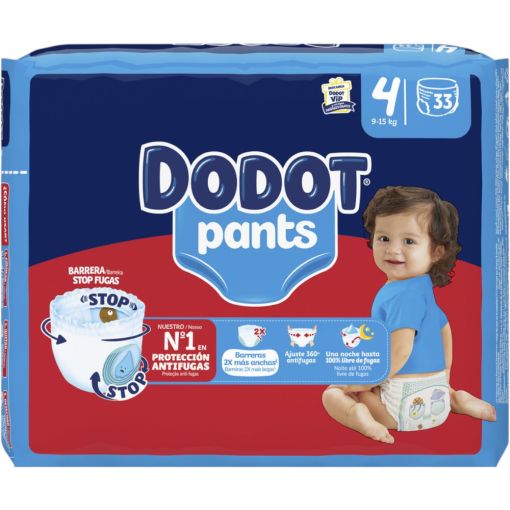 Dodot Pants Pa&ntilde;al-Braguita 9-15 Kg Talla 4 Pants antifugas ultraabsorbente con cintura el&aacute;stica y ajuste 350&ordm;  hasta 12 horas de protecci&oacute;n 33 uds