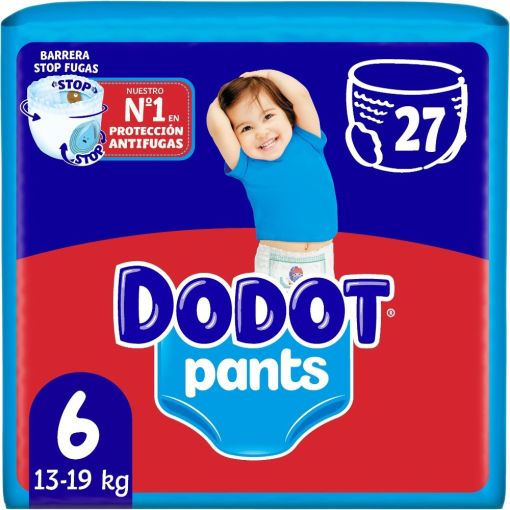 Dodot Pants Pañal-Braguita 13-19 Kg Talla 6 Pants antifugas ultraabsorbente con cintura elástica y ajuste 350º  hasta 12 horas de protección 27 uds