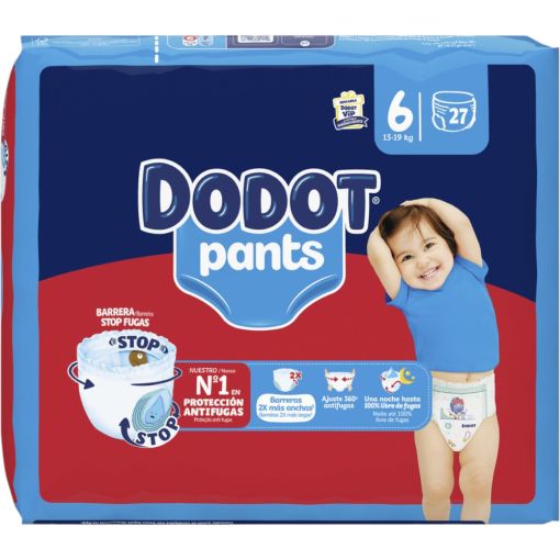 Dodot Pants Pañal-Braguita 13-19 Kg Talla 6 Pants antifugas ultraabsorbente con cintura elástica y ajuste 350º  hasta 12 horas de protección 27 uds