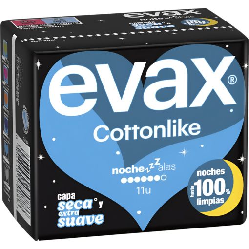 Evax Compresas Cottonlike Noche Alas Compresas de noche con alas y parte trasera m&aacute;s larga y ancha ofrecen mayor suavidad y larga duraci&oacute;n 11 uds