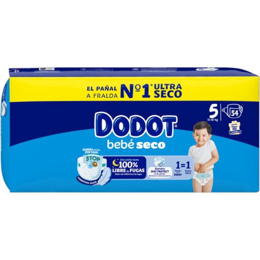 Dodot Pañales Bebé-Seco 11-16 Kg Talla 5 Pañal suave antifugas con ajuste cómodo ofrece hasta 12 horas de protección gracias a su núcleo absorbente 54 uds