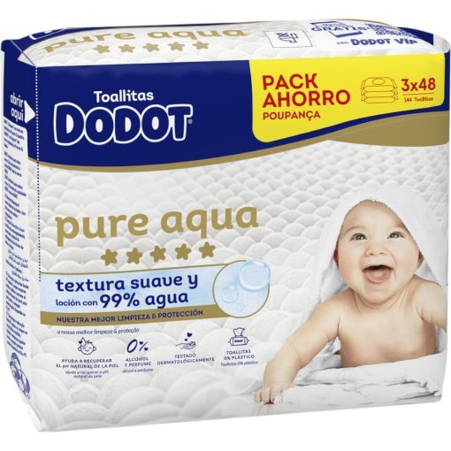 Dodot Pure Aqua Toallitas Pack Formato Especial Toallitas naturales de higiene diario limpian suavemente y protegen la piel de los beb&eacute;s 3x48 uds