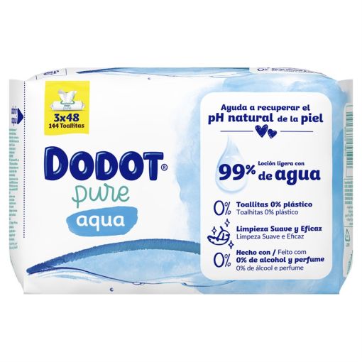 Dodot Pure Aqua Toallitas Pack Formato Especial Toallitas naturales de higiene diario limpian suavemente y protegen la piel de los bebés 3x48 uds
