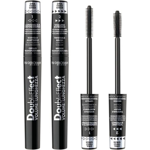 Deborah Milano Double Effect Volume & Lunghezza M&aacute;scara de pesta&ntilde;as con aplicador innovador y un activo para hidratar y reforzar