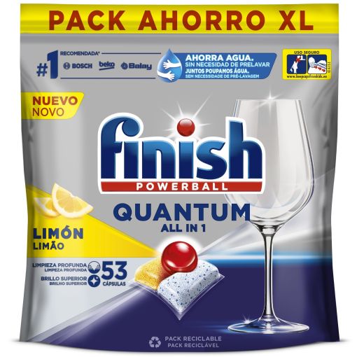Finish Lavavajillas Powerball Quantum All In 1 Limón Especial Lavavajillas a máquina en cápsulas elimina suciedad y grasa de la vajilla con aroma a limón