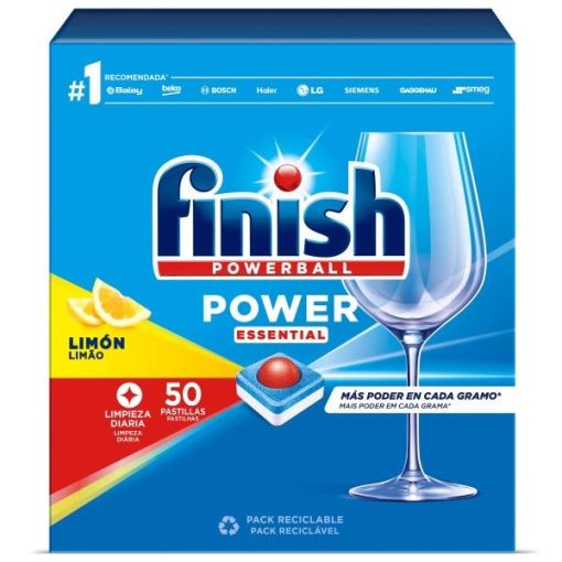 Finish Powerball Power Essential Limpia lavavajillas en cápsulas remoja y reblandece los restos de comida con aroma a limón 50 uds