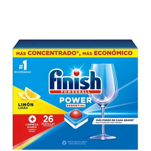 Finish Lavavajillas Powerball Power Essential Lim&oacute;n Lavavajillas a m&aacute;quina en c&aacute;psulas eliminan la suciedad y grasa de la vajilla con aroma a lim&oacute;n 26 uds