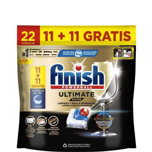 Finish Lavavajillas Powerball Ultimate Plus Formato Especial Lavavajillas a máquina en cápsulas ofrece limpieza intensiva y brillo de diamante eliminando restos requemados