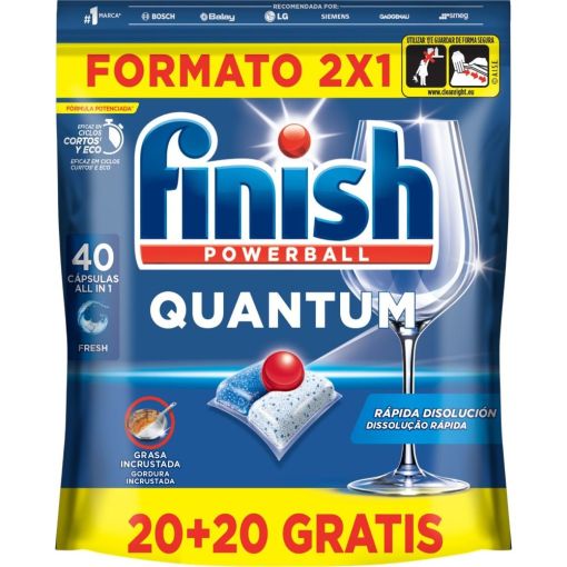 Finish Lavavajillas Powerball Quantum Formato Especial Lavavajillas a máquina en cápsulas poder desengrasante elimina manchas resecas 40 uds