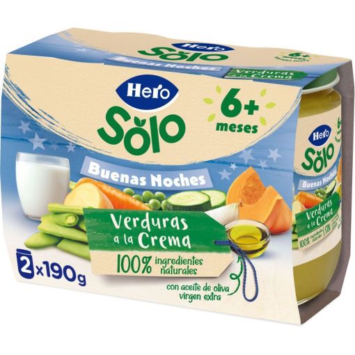 Hero Solo Buenas Noches Tarritos Verduritas A La Crema Tarritos naturales sin gluten de textura suave facilitan la digesti&oacute;n y aseguran buen sue&ntilde;o a partir de 6 meses 2x190 gr