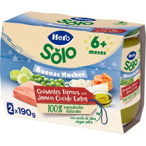 Hero Solo Buenas Noches Tarritos Guisantes Con Jam&oacute;n Cocido Extra Tarritos naturales sin gluten de textura suave facilita la digesti&oacute;n y asegura buen sue&ntilde;o a partir de 6 meses 2x190 gr