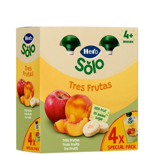 Hero Solo Bolsitas Tres Frutas Bolsitas naturales sin az&uacute;cares con 100% fruta y fuente de vitamina c a partir de 4 meses 4x100 gr