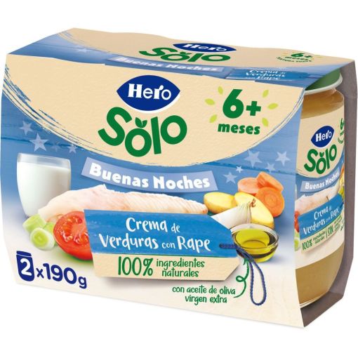 Hero Solo Buenas Noches Tarritos Crema De Verduras Con Rape Tarritos naturales sin gluten de textura suave facilitan la digesti&oacute;n y aseguran buen sue&ntilde;o a partir de 6 meses 2x190 gr