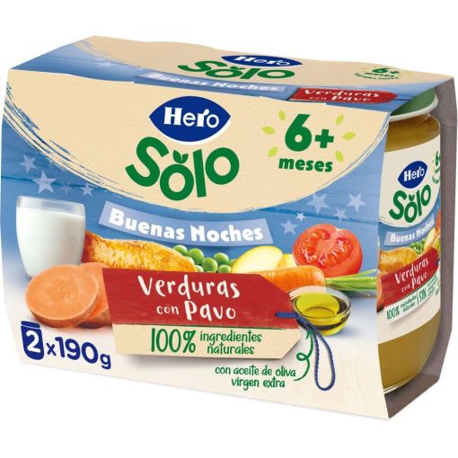 Hero Solo Buenas Noches Tarritos Verduritas Con Pavo Tarritos naturales sin gluten de textura suave facilitan la digesti&oacute;n y aseguran buen sue&ntilde;o a partir de 6 meses 2x190 gr