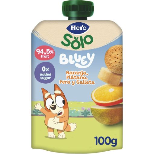Hero Bluey Solo Bolsita Naranja Pl&aacute;tano Pera Y Galleta Bolsita natural elaborada con fruta especialmente seleccionada a partir de 12 meses 100 gr