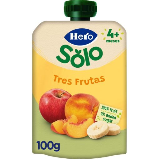 Hero Solo Bolsita Tres Frutas Bolsita natural sin az&uacute;cares con 100% fruta a&ntilde;adidos y fuente de vitamina c a partir de 4 meses 100 gr