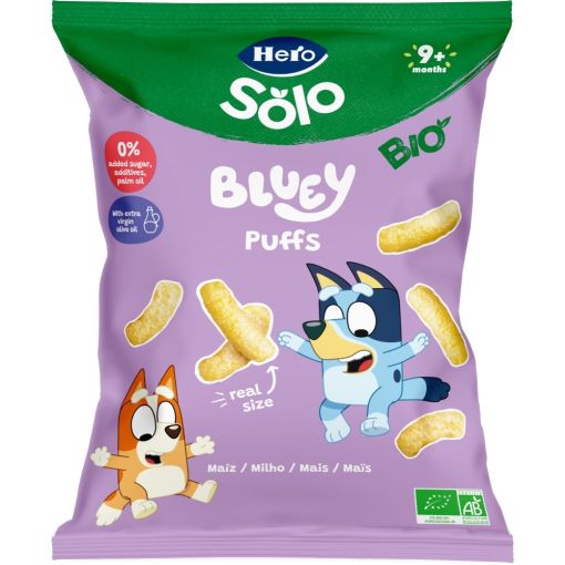 Hero Solo Bio Bluey Puffs Ma&iacute;z Snacks ecol&oacute;gicos sin conservantes ni colorantes y sin sal a&ntilde;adida a partir de 9 meses 38 gr