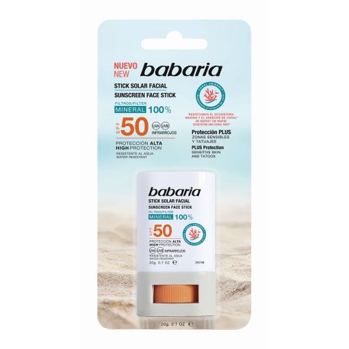Babaria Stick Solar Facial Mineral 100% Spf 50 Stick solar facial resistente al agua mayor protección en zonas sensibles y tatuajes 20 gr