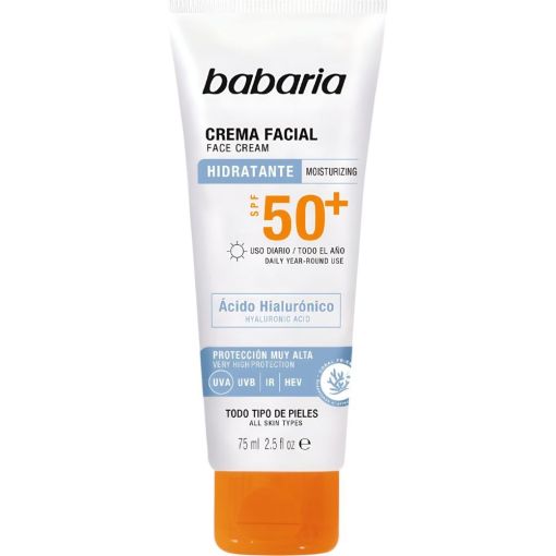 Babaria Hidratante Crema Facial Spf 50+ Protector solar facial  hidratante con ácido hialurónico reduce manchas y atenúa arrugas 75 ml