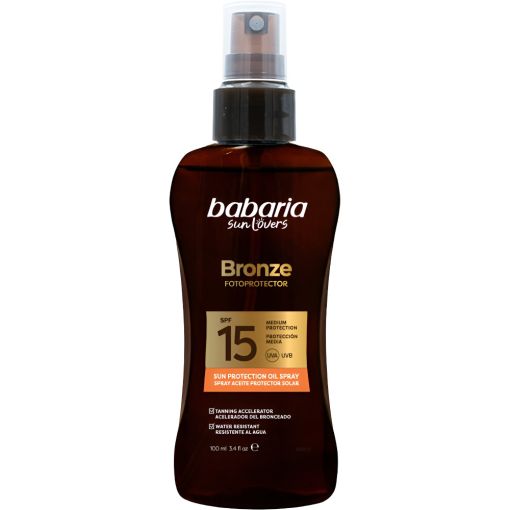 Babaria Bronze Fotoprotector Spray Aceite Protector Solar Spf 15 Aceite bronceador solar corporal resistente al agua acelera el bronceado para un acabado m&aacute;s r&aacute;pido e intenso