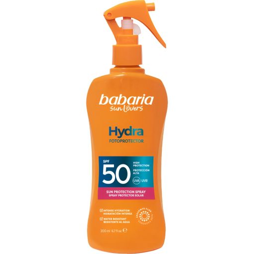 Babaria Hydra Fotoprotector Spray Protector Solar Spf 50 Spray solar corporal resistente al agua ofrece una hidrataci&oacute;n profunda con exoxomas de aloe vera 200 ml