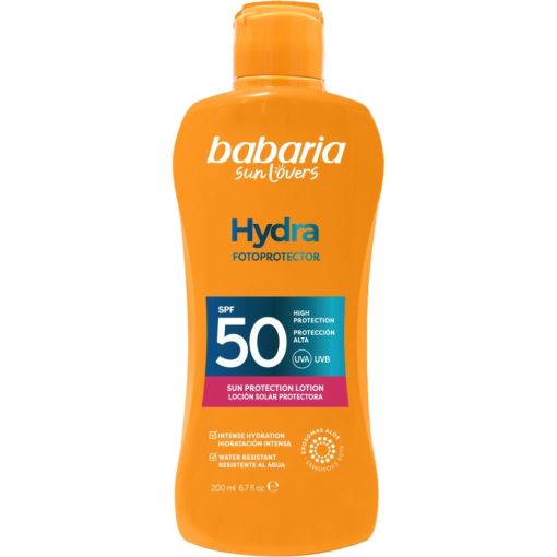 Babaria Hydra Fotoprotector Loci&oacute;n Solar Protectora Spf 50 Loci&oacute;n solar corporal  resistente al agua ofrece una hidrataci&oacute;n profunda con exoxomas de aloe vera 200 ml