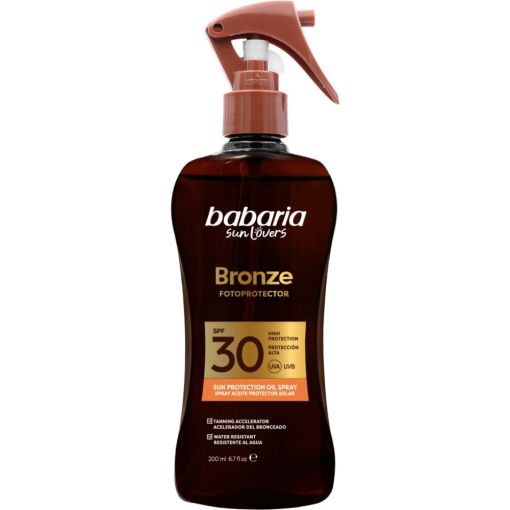 Babaria Bronze Fotoprotector Spray Aceite Protector Solar Spf 30 Aceite bronceador solar corporal resistente al agua acelera el bronceado para un acabado m&aacute;s r&aacute;pido e intenso 200 ml