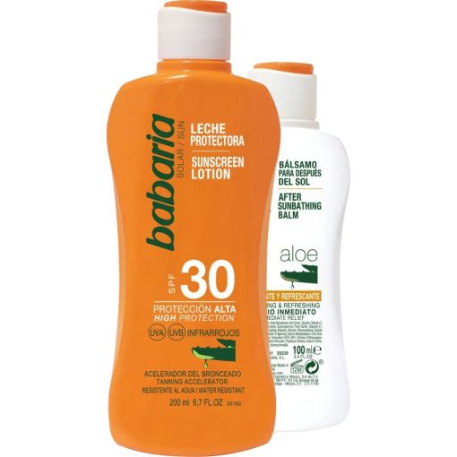 Babaria Leche Protectora Spf 30 + Aloe Bálsamo Después Del Sol Pack Set de protección solar completa para antes y después del sol con aloe vera