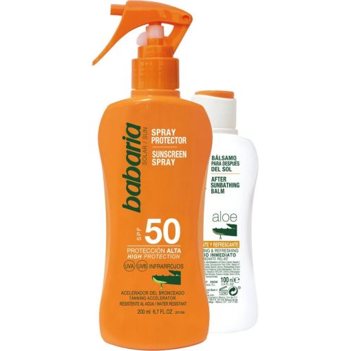 Babaria Spray Solar Spf 50 + Aloe Bálsamo Para Después Del Sol Pack Set solar de protección solar protege e hidrata antes y después del sol