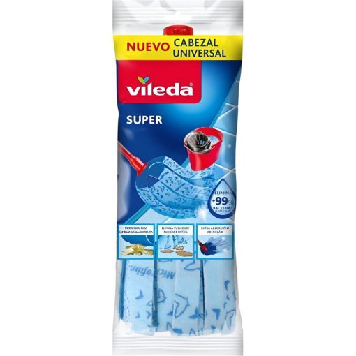 Vileda Fregona Super Cabezal Universal Recambio Fregona 100% microfibras ofrece gran capacidad de limpieza y absorción para suciedad más dificil