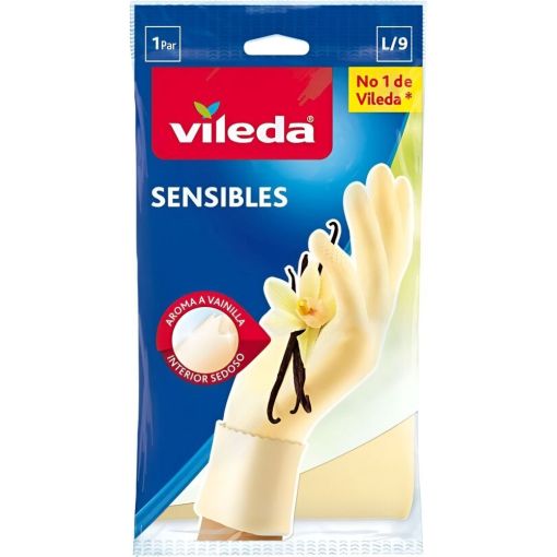Vileda Guantes Sensibles Talla L Guantes extrafinos 100% látex ofrecen máxima sensibilidad y agarre con aroma a vainilla