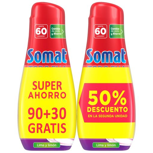 Somat Lavavajillas Todo En 1 Duplo Pack Ahorro Lavavajillas a m&aacute;quina gel con aroma lima y lim&oacute;n con gran poder de limpieza