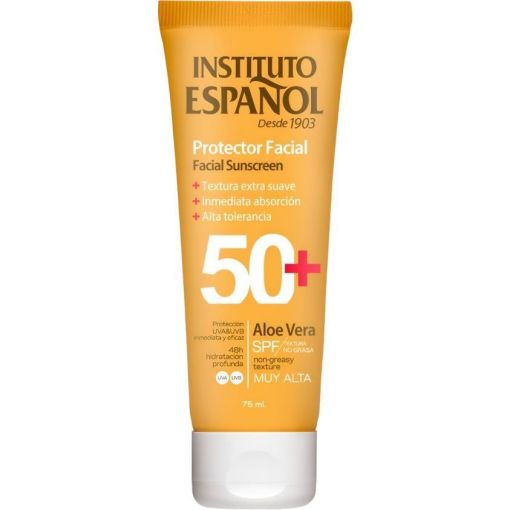 Instituto Espa&ntilde;ol Aloe Vera Protector Facial Spf 50+ Protector solar facial de textura no grasa resistente al agua y de r&aacute;pida absorci&oacute;n con aloe vera 75 ml