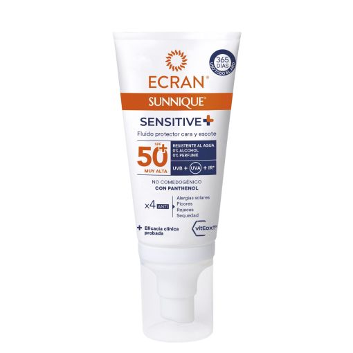 Ecran Sunnique Sensitive+ Fluido Protector Spf 50+ Fluido solar biodegradable para rostro y escote antialergias picores rojeces y sequedad 50 ml