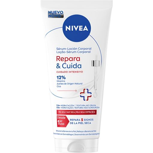 Nivea Repara & Cuida S&eacute;rum-Loci&oacute;n Corporal S&eacute;rum corporal de r&aacute;pida absorci&oacute;n alivia la piel ofreciendo hasta 72 horas de hidrataci&oacute;n reforzando la barrera 200 ml