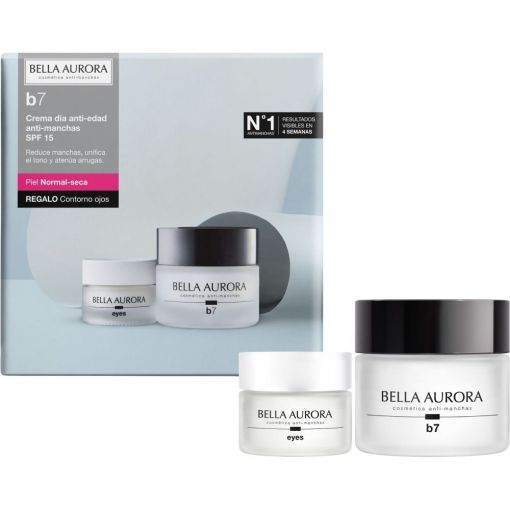 Bella Aurora B7 Cuidado Anti-Manchas Spf 15 Piel Seca+Contorno Gratis Pack regalo antimanchas reduce arrugas y líneas de expresión con ácido hialurónico y algas rojas
