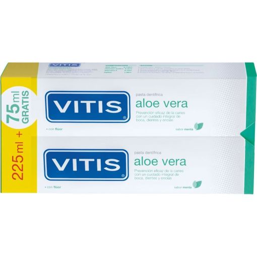 Vitis Pasta Dentífrica Aloe Vera Sabor Menta Duplo Pasta de dientes para encías ayuda a prevenir eficazmente las caries sabor menta 2x300 ml