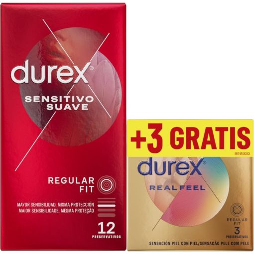 Durex Preservativos Sensitivo Suave + Real Feel Gratis Preservativos más finos y extralubricados para mayor sensibilidad 12 uds