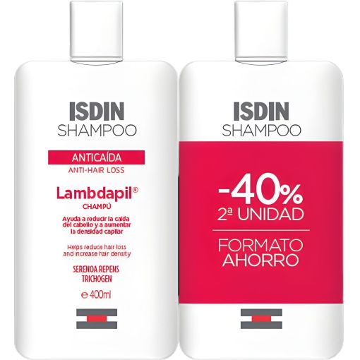 Isdin Lambdapil Antica&iacute;da Champ&uacute; Duplo Formato Ahorro Champ&uacute; reductor de la ca&iacute;da excesiva del cabello ofrece densidad fuerza y volumen 2x400 ml