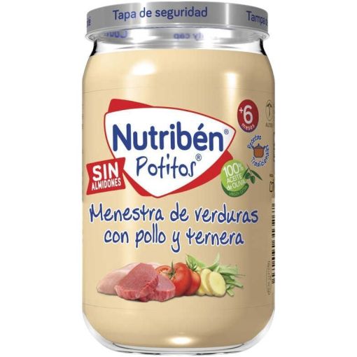 Nutriben Potitos Menestra De Verduras Con Pollo Y Ternera Tarrito sin almidones 100% aceite de oliva sin sal ni az&uacute;cares a&ntilde;adidos a partir de 6 meses 235 gr