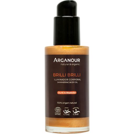 Arganour Brilli Brilli Buriti & Bisabolol Iluminador Corporal Iluminador corporal nutre y suaviza ofreciendo aroma y efecto glow con reflejos dorados 100 ml