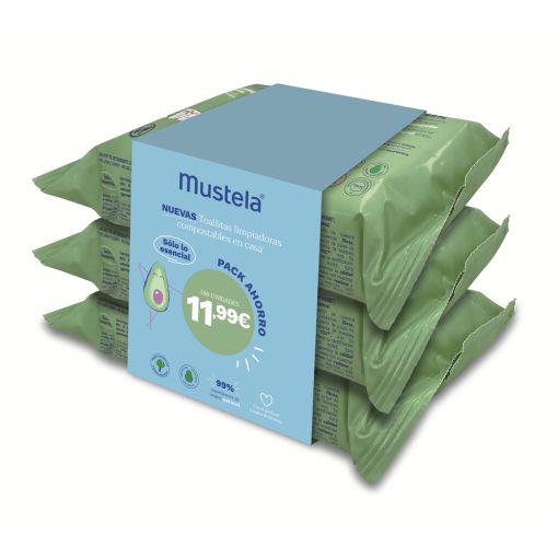 Mustela Toallitas Trío Pack Ahorro Toallitas con aguacate bio biodegradables y compostables 3x60 uds