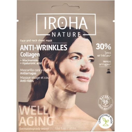 Iroha Nature Well Aging Anti-Wrinkles Mascarilla Cara Y Cuello Mascarilla facial vegana antiarrugas y antiedad para rostro y cuello con col&aacute;geno y &aacute;cido hialur&oacute;nico