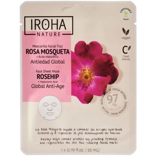 Iroha Nature Rosa Mosqueta Mascarilla Facial Tis&uacute; Mascarilla facial vegana combate arrugas y aporta firmeza con rosa mosqueta y &aacute;cido hialur&oacute;nico
