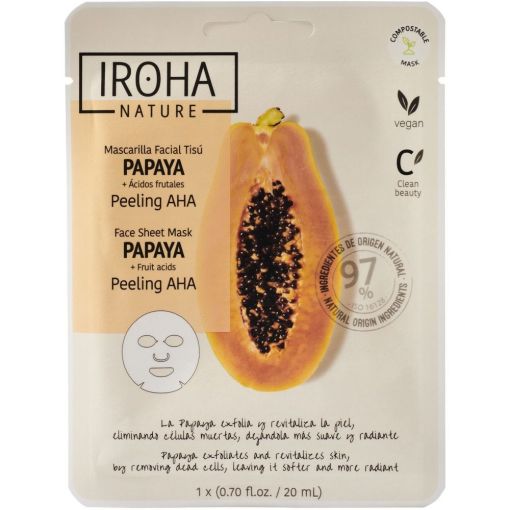 Iroha Nature Papaya Mascarilla Facial Tis&uacute; Mascarilla facial vegana exfolia y revitaliza con papaya y &aacute;cidos frutales